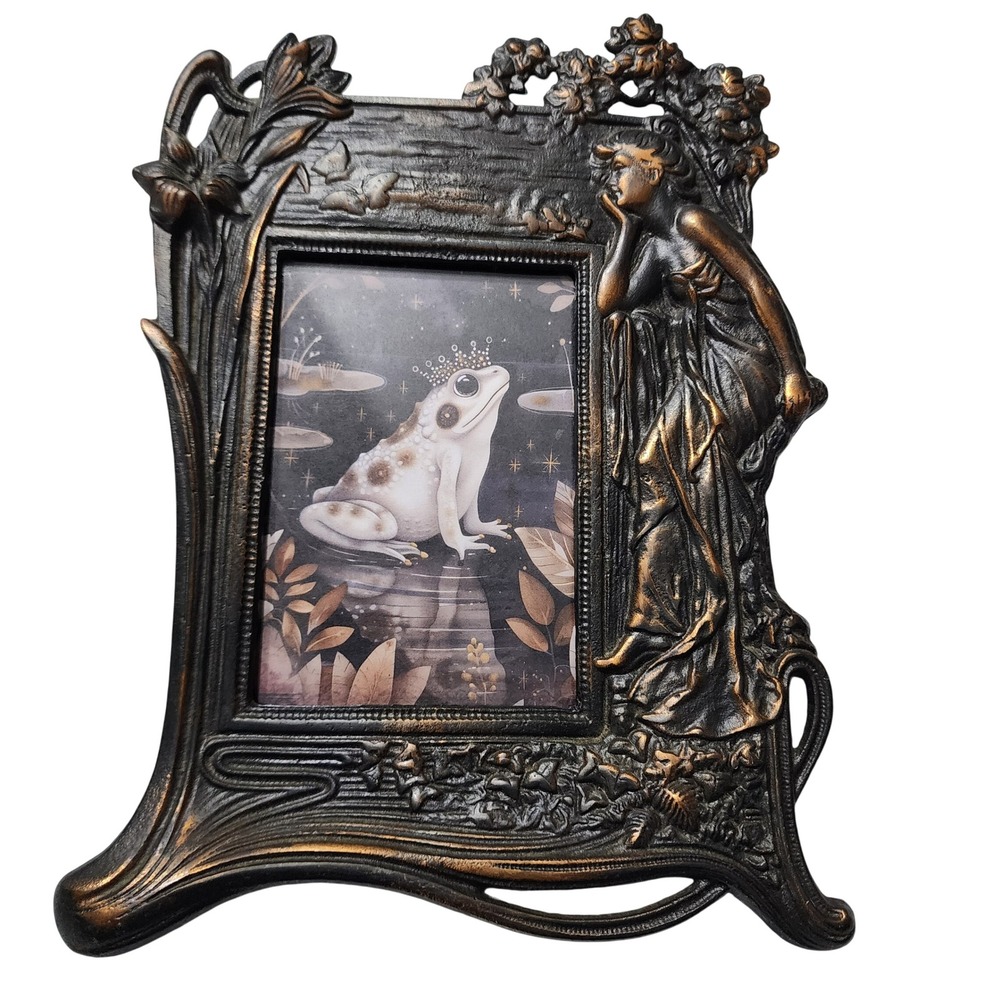 Vintage Art Nouveau Cast Metal Picture Frame Bronze Woman Frog Prince 5x7
